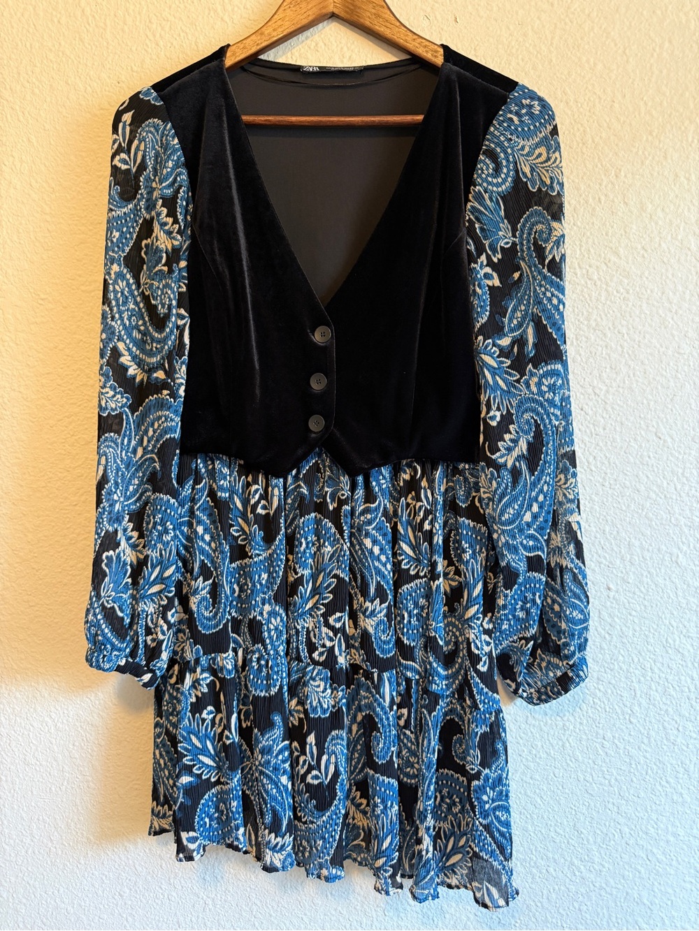 ZARA Printed Dress with Velvet Vest – Size M